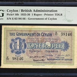 Ceylon, British Administration, One Rupee 1925-36, no. E/63 98146, Pick 16b, PMG 25 Very Fine - foreign substance, ink stamp.