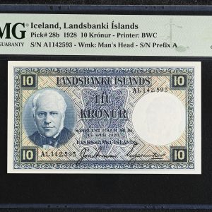 Iceland, Landsbanki Íslands, 10 Krónur 1928, No. A1142593, Arnason / Sigurðsson, Sieg 35, Pick 28b, PMG 58 Choice About Uncirculated.