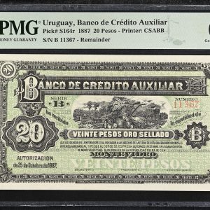 Uruguay, Banco de Crédito Auxiliar, 20 Pesos 1887, no. B 11367, remainder, PMG 65 Gem Uncirculated - Exeptional Paper Quality.