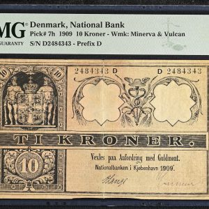 10 kroner 1909 D, nr. 2484343, V. Lange, Sieg 95, Pick 7h, PMG 25 Very Fine - split.