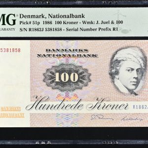 Danmark, 100 kroner 1986 R1, nr. 5381858, J. Thomsen / Billestrup, Sieg 142, Pick 51p - PMG 35 Choice Very Fine, Tears