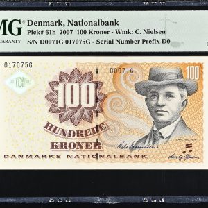 Danmark, 100 kroner 2007, nr. 017075G, Bernstein / Sørensen, Pick 61p - PMG 66 Gem Uncirculated, Exceptional Paper Quality