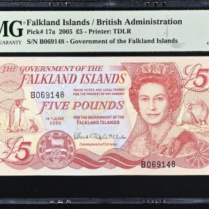 Falkland Islands, 5 Pounds 2005, no. B069148, Pick 17a - PMG 66 Gem Uncirculated, Exceptional Paper Quality