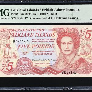 Falkland Islands, 5 Pounds 2005, no. B069147, Pick 17a - PMG 65 Gem Uncirculated, Exceptional Paper Quality