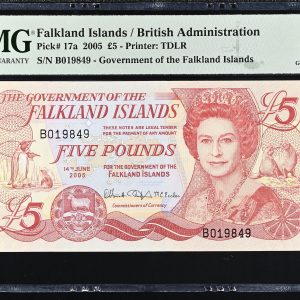 Falkland Islands, 5 Pounds 2005, no. B069149, Pick 17a - PMG 65 Gem Uncirculated, Exceptional Paper Quality