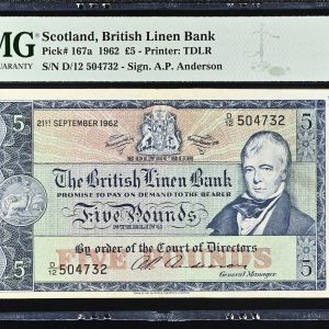 Scotland, British Linen Bank, 5 Pounds 1962, no. D/12 504732, Pick 167a - PMG 30 Very Fine