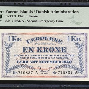 Færøerne / Faroe Islands, 1 krone 1940 A, nr. 710837, Sieg 15, Pick 9, PMG 50 About Uncirculated - Exceptionel Paper Quality.