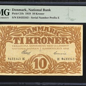 10 kroner 1919 E, nr. 8433343, V. Lange / Hammerich, Sieg 103, Pick 21h, PMG 25 Very Fine.
