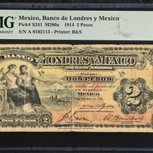 Mexico, Banco de Londres y Mexico, 2 Pesos 1914, no. A 0102113, Pick S241, PMG 15 Choise Fine - previously mounted.