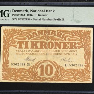 10 kroner 1915 B, nr. 5302198, V. Lange / Recke, Sieg 103, Pick 21d, PMG 25 Very Fine