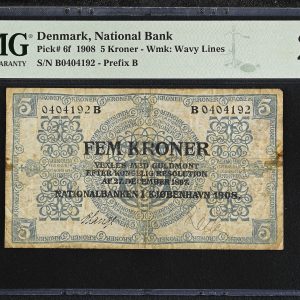 5 kroner 1908 B, nr. 0404192, V. Lange / Recke, Sieg 93, Pick 6f, PMG 20 Very Fine - stains, previously mounted.