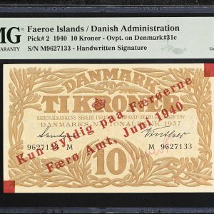 Færøerne / Faroe Islands, 10 kroner 1940, overtryk på Danmark 1937 M, nr. 9627133, Svendsen / Vinther, håndskrevet underskrift Hilbert, Sieg 8, Pick 2, PMG 66 Gem Uncirculated - Exceptionel Paper Quality.