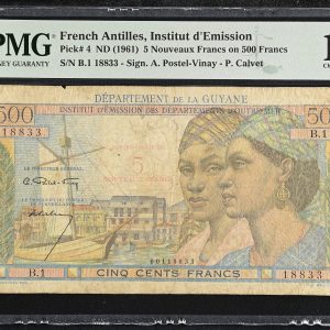French Antilles, Institut d'Emission, 5 Nouveaux Francs ND (1961) on 500 Francs, no. B.1 18833, A. Postel-Vanay / P. Calvet, Pick 4, PMG 15 Choice Fine.