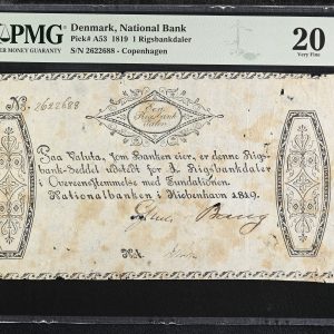 1 Rigsbankdaler 1819, nr. 2622688, Sieg 70, Pick A53, PMG 20 Very Fine - holes, stains.