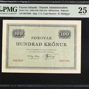 Færøerne / Faroe Islands, 100 krónur u. år (1952), nr. 0027000, C. A. Vagn-Hansen / kr. Djurhuus, Sieg 19, Pick 19, PMG 25 Very Fine - Exceptional Paper Quality.