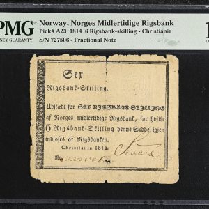 Norge, Norges Midlertidige Rigsbank, 6 rigsbankskilling 1814, Christiania, nr. 727506, NP A84, Pick A23, PMG 15 Choise Fine - large splits.