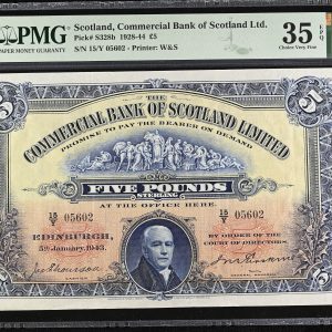 Scotland, Commercial Bank of Scotland Ltd., 5 Pounds 1928-1944, no. 15/Y 05602, Pick S328b, PMG 35 Choise Very Fine - Exceptional Paper Quality.