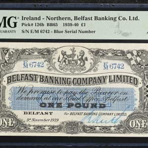 Ireland - Nothern, Belfast Banking Co. Ltd., One Pound 1939-40, no. E/M 6742 - Blue Serial Number, Pick 126b, PMG 55 About Uncirculated.