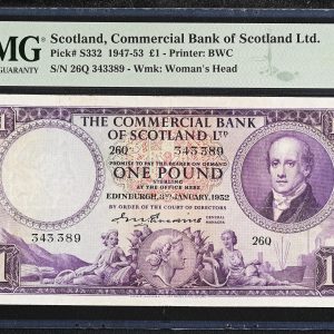 Scotland, Commercial Bank of Scotland Ltd., One Pound 1947-53, no. 26Q 343389, Pick S332, PMG 30 Very Fine.