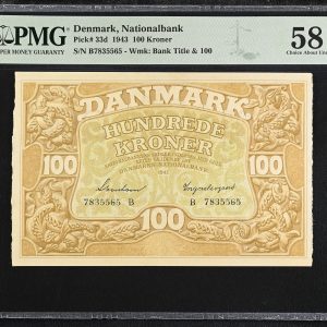 100 kroner 1943 B, nr. 7835565, Svendsen / Ingerslevgaard, Sieg 111, Pick 33d, PMG 58 Very Fine - Exceptional Paper Quality.