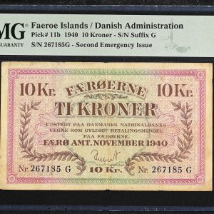 Færøerne / Faroe Islands, 10 kroner 1940 G, nr. 267185, Sieg 17, Pick 11b, PMG 25 Very Fine - soiling.