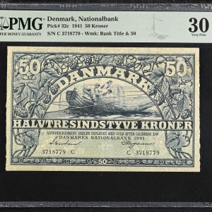 50 kroner 1941 C, nr. 3718779, Svendsen / Heegaard, Sieg 108, Pick 32, PMG 30 Very Fine, Exceptional Paper Quality.