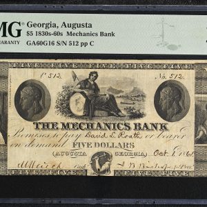 USA, Georgia, Augusta,  Mechanic's Bank 5 Dollars 1861, no. 512 pp C, GA60G16, PMG 20 Very Fine - tear, pinholes.