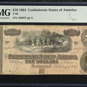 USA, Confederate States of America 10 Dollars 1864, no. 106857, T-68, PMG 20 Very Fine - splits, stain.