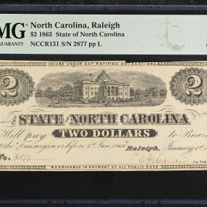 USA, North Carolina, Raleigh, State of Carolina 2 Dollars 1863, no. 2877 pp L, NCCR131, PMG 58 Choise About Uncirculated.