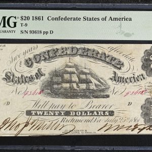 USA, Confederate States of America 20 Dollars 1861, no. 93618 pp D, T-9, PMG 30 Very Fine.
