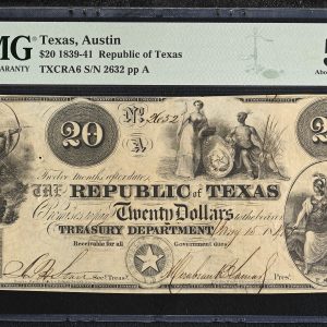 USA, Texas, Austin, Republic of Texas 20 Dollars 1839-41, no. 2632 pp A, TXCRA6, PMG 53 About Uncirculated - cancelled, pinholes.