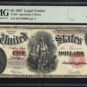 USA, Legal Tender 5 Dollars 1907, no. K47590005 pp A, Speelman / White, FR 91, PMG 30 Very Fine.