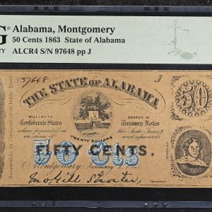 USA, Alabama, Montgomery, State of Alabama 50 Cents 1863, no. 97648 pp J, ALCR4, PMG 53 About Uncirculated - toned.
