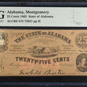 USA, Alabama, Montgomery, State of Alabama 25 Cents 1863, no.75951 pp H, ALCR6, PMG 55 About Uncirculated - toned.