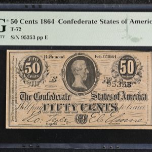 USA, Confederate States of America 50 Cents 1864, No. 95353 pp E, T-72, PMG 55 About Uncirculated - Exceptional Paper Quality.