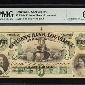 USA, Louisiana, Shreveport, 1860s Citizens' Bank of Louisiana 5 Dollars, remainder, LA15G60b, no. None pp A, PMG 65 Gem uncirculated - Exceptionel Paper Quality, previously mounted.