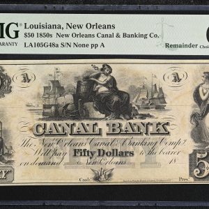USA, Louisiana, New Orleans, 1850s New Orleans Canal & Banking Co. 50 Dollars, no. None pp A, LA105G48a, remainder, PMG 64 Choice Uncirculated - minor stain.