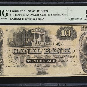USA, Louisiana, New Orleans, 1850s New Orleans Canal & Banking Co. 10 Dollars, no. None pp D, LA105G24a, remainder, PMG 58 Choice About Uncirculated - Exceptional Paper Quality.