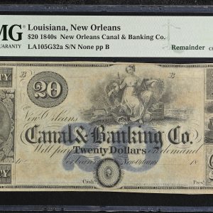 USA, Louisiana, New Orleans, 20 Dollars, 1840s New Orleans Canal & Banking Co., No. None pp B, LA105G32a, remainder, PMG 58 Choice About Uncirculated - Exceptinal Paper Quality.