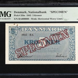 Danmark, 5 kroner 1945 BA, nr. 000000, Svendsen / Heilmann, Sieg 119, Pick 35bs, SPECIMEN, PMG About Uncirculated 55, rust - Top Pop