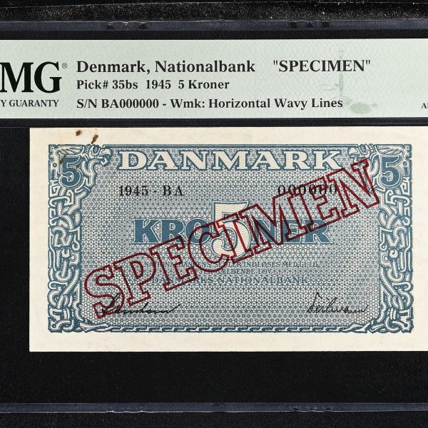 Danmark, 5 kroner 1945 BA, nr. 000000, Svendsen / Heilmann, Sieg 119, Pick 35bs, SPECIMEN, PMG About Uncirculated 55, rust – Top Pop
