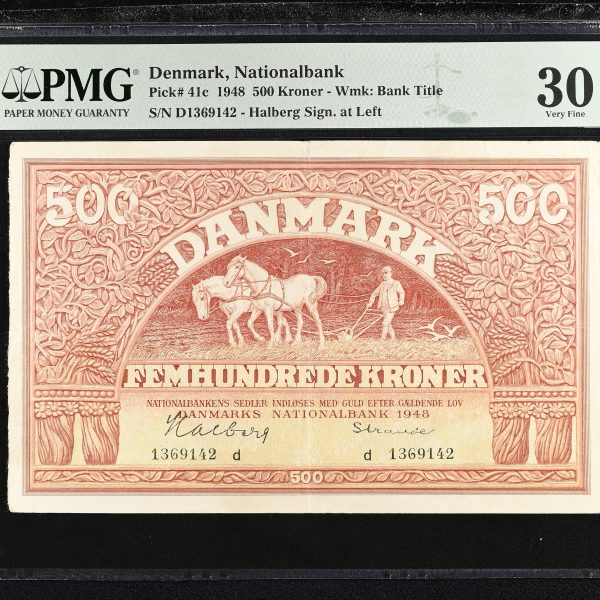 Danmark, 500 kroner 1948 d, nr. 1369142, Halberg / Strande, Sieg 127, Pick 41c, PMG Very Fine 30, Split – Top Pop