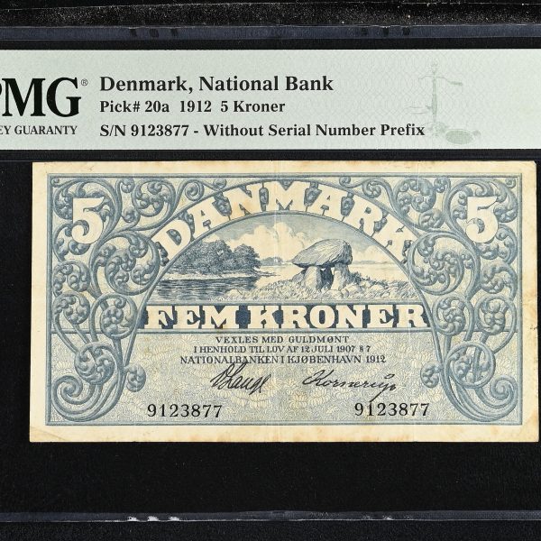 Danmark, 5 kroner 1912, nr. 9123877, V. Lange / Kornerup, Sieg 100, Pick 20, PMG Very Fine 30, stains
