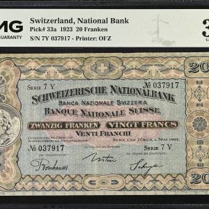 Switzerland, 20 Franken 1923, no. 037917, Pick 33a, PMG Very Fine 30