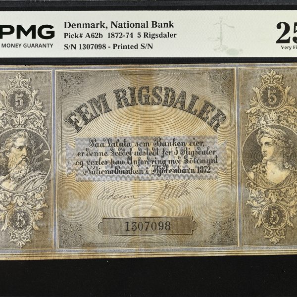 Danmark, 5 rigsdaler 1872, nr. 1307098, Sieg 77, Pick A62, PMG Very Fine 25, stained – Top Pop