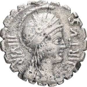 Roman Republic, Mn. Aquillius Mn.f. Mn. n, Rome, ca. 71 BC, Denarius Serratus, Reverse: Mn. Aquillius holding shield and raising figure of Sicilia, Cr. 400.1, VF-F