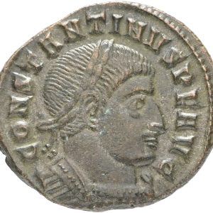 Roman Empire, Constantine I 'the Great' (307-337), Ticinum, Follis, circa 312-313, CONSTANTINVS P F AVG, laureate, draped and cuirassed bust right. Rev: SOLI INVICTO COMITI, Sol standing facing, head left, raising hand and holding globe; PT in exergue, RIC 133, 4.47 g, EF