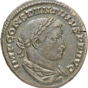 Roman Empire, Constantine I 'the Great' (307-337), Lyon, Follis, circa 309-310, IMP CONSTANTINVS PF AVG, laureate, draped and cuirassed bust of Constantine I to right. Rev. SOLI INVICTO COMITI, Sol standing left, chlamys draped across upper chest and left shoulder, holding globe and raising right hand. F in left field, T in right field. Mintamrk PLG in exergue. RIC 310, 4.66 g, EF-VF, crack in flan