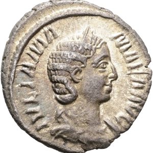 Roman Empire, Julia Mamaea (222-235), Rome, 232 AD, Denarius, IVLIA MA-MAEA AVG Diademed and draped bust of Julia Mamaea to right. Rev. FECVND AVGVSTAE Fecunditas standing to left, holding cornucopia in left hand and extending right hand to child, who is reaching up to her, RIC 331, 3.06 g, VF